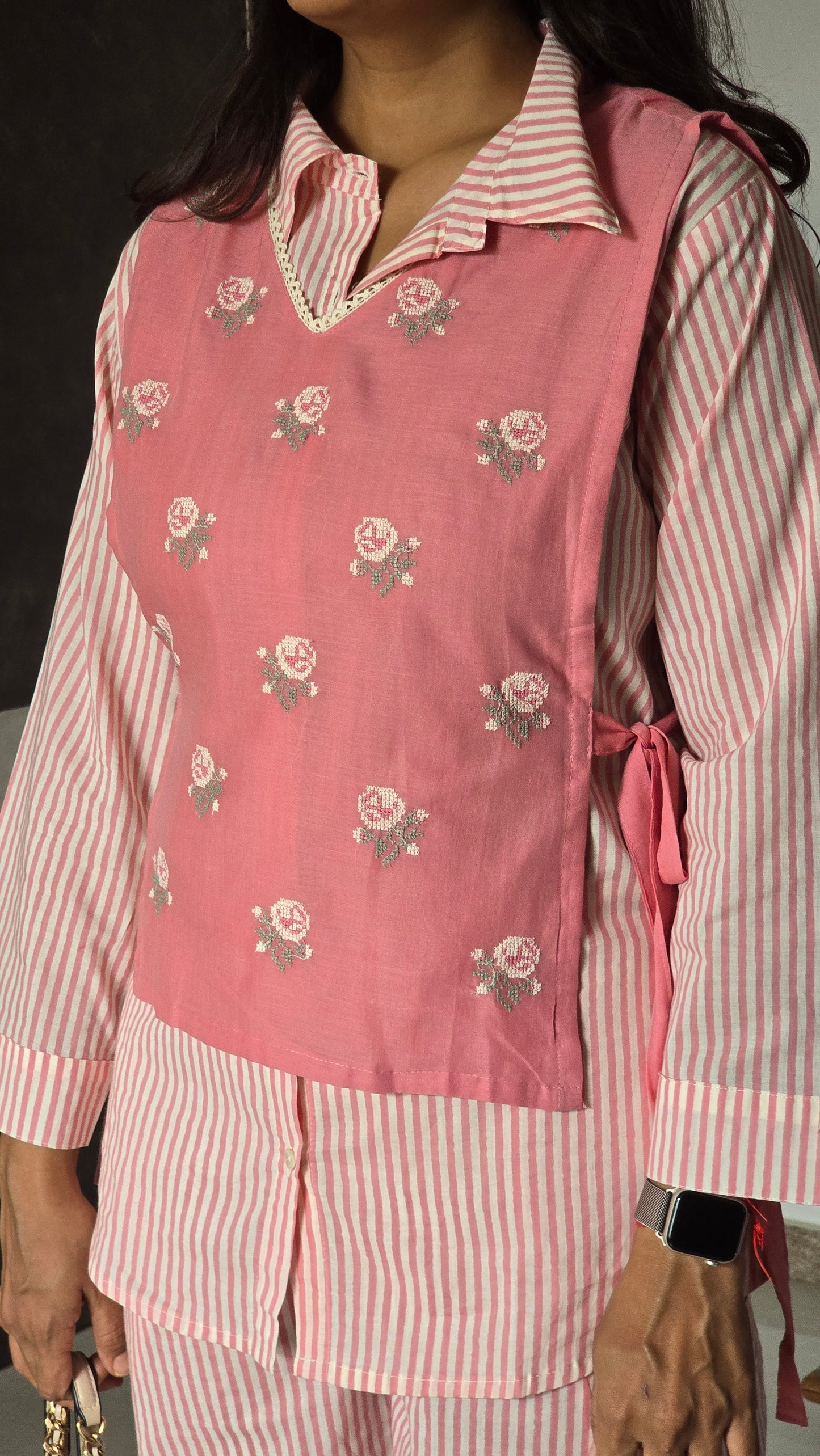 Pink Embroidered Stripe Waist Co Ord Set