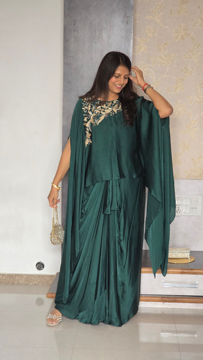Green Sitara Cape With Skirt Set