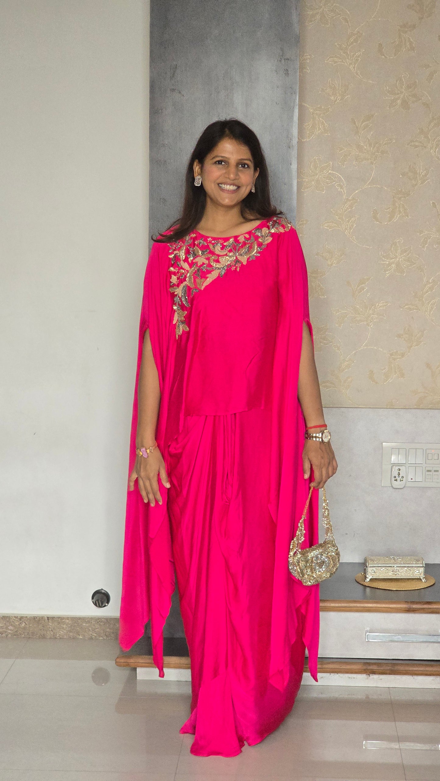 Pink Sitara Cape With Skirt Set