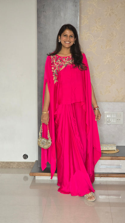 Pink Sitara Cape With Skirt Set