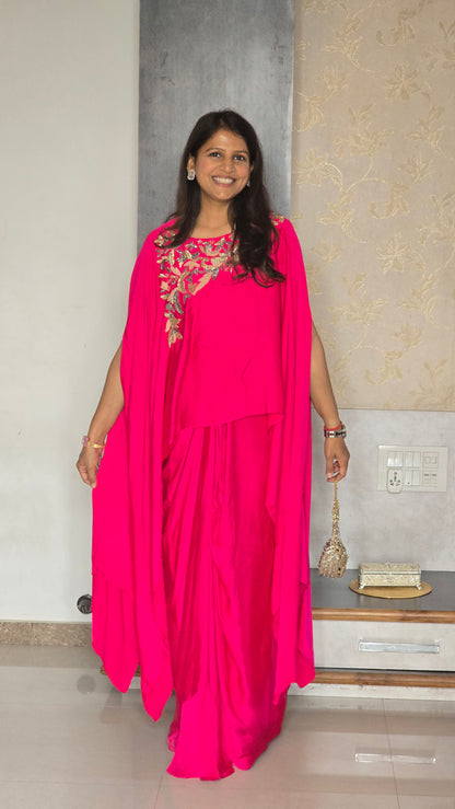 Pink Sitara Cape With Skirt Set