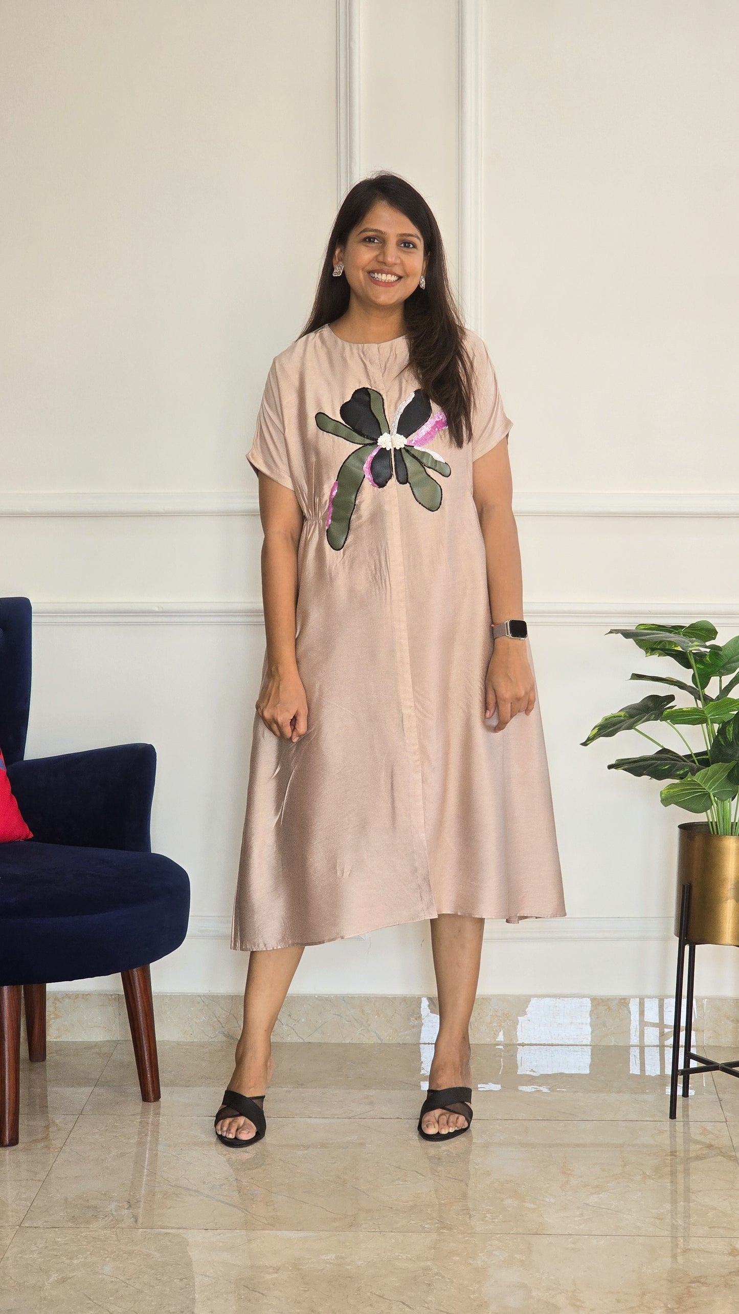 Beige Leather Applique Floral Tunic