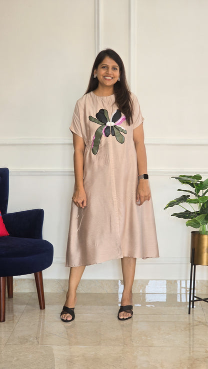 Beige Leather Applique Floral Tunic