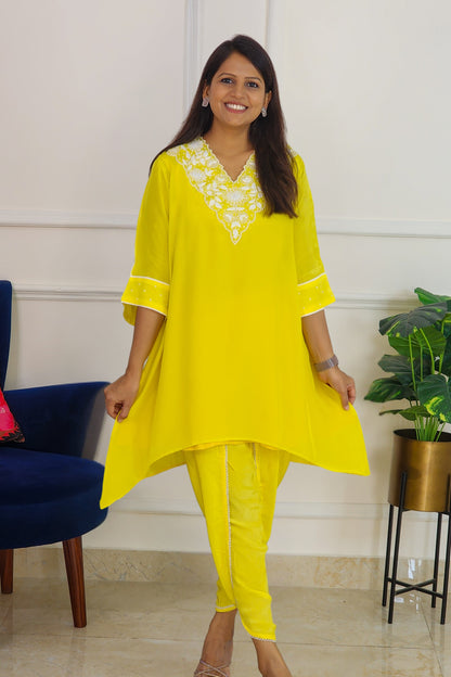 Electric Yellow Embroidered Set with Tulip Pants