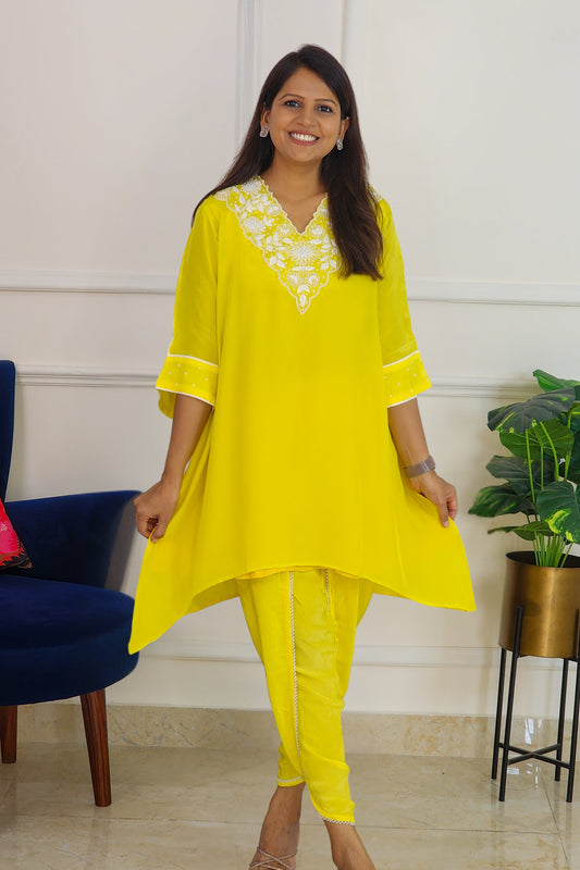 Electric Yellow Embroidered Set with Tulip Pants