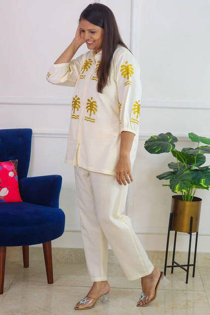 Palm Yellow Embroidery Co Ord Set