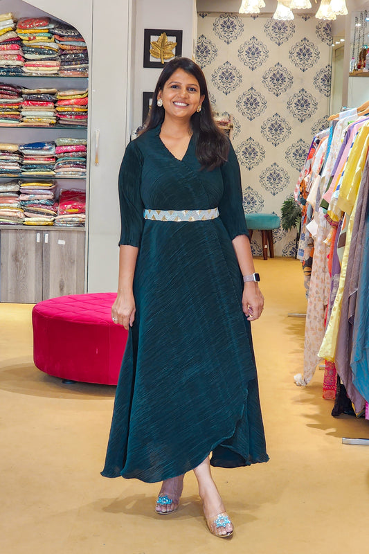 Emerald Green Pleated Dress with Belt