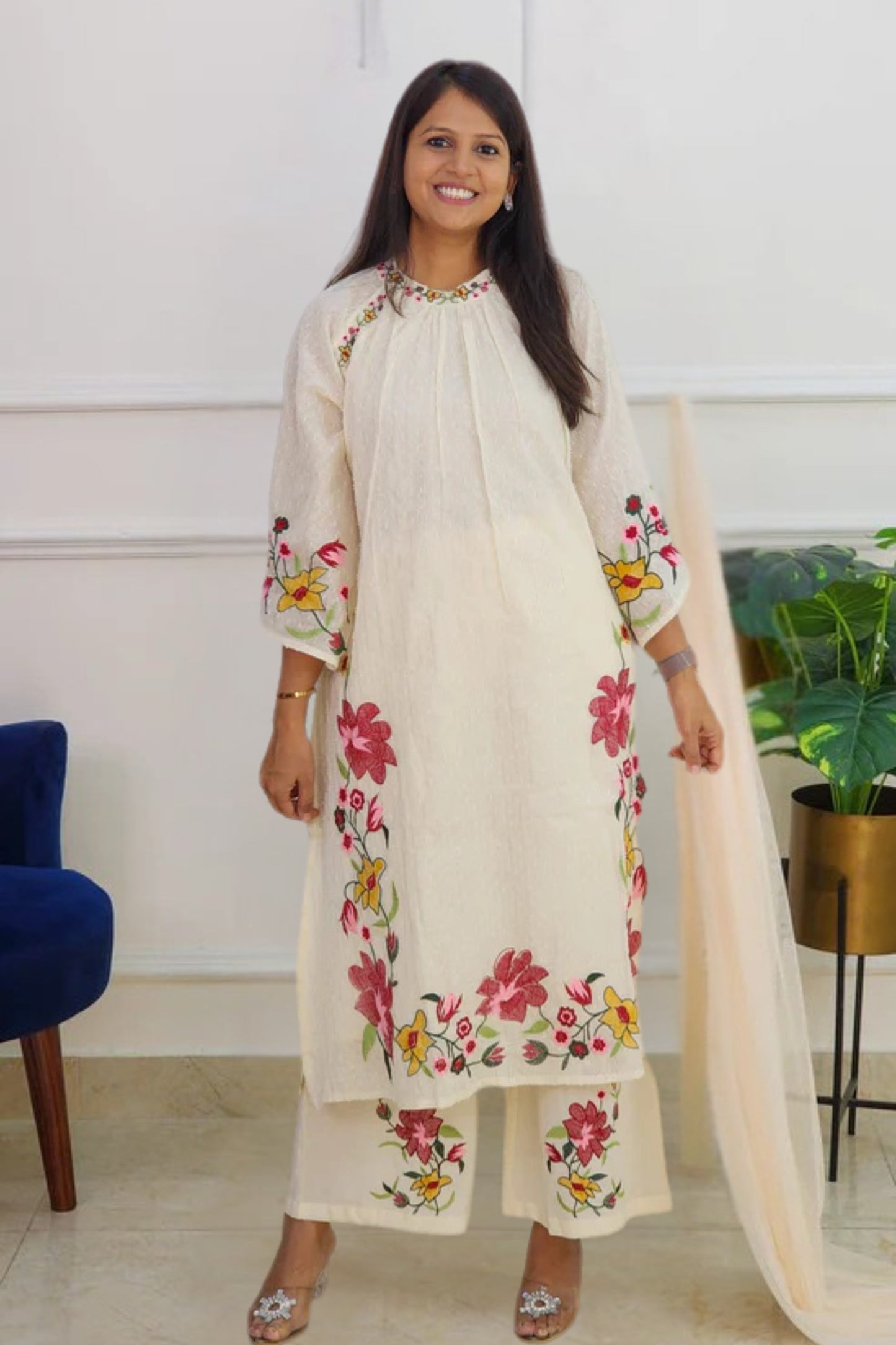 Off White Embroidered Suit Set