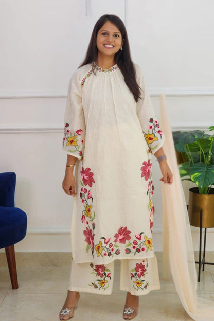 Off White Embroidered Suit Set