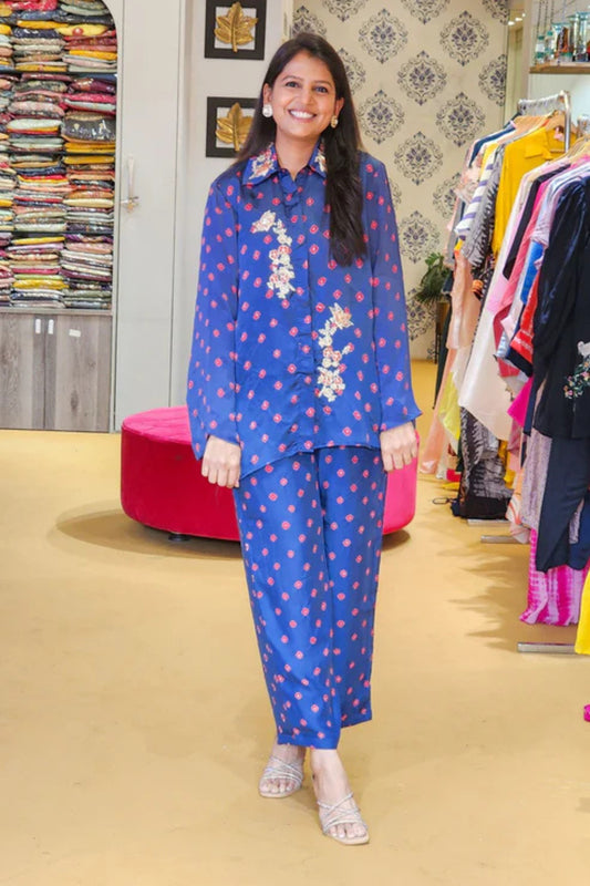 Blue Bandhej Co Ord Set with Hand Work Detailing