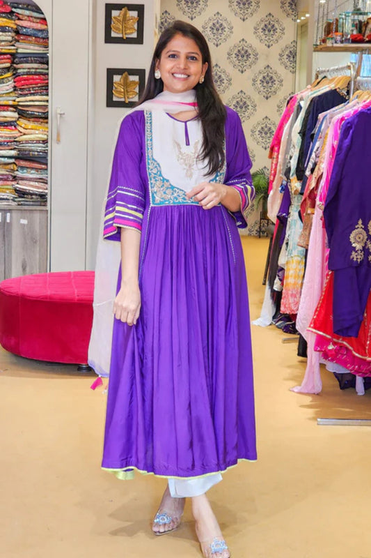 Jhilmil Purple Zardosi Hand work Detailing Flare Suit Set
