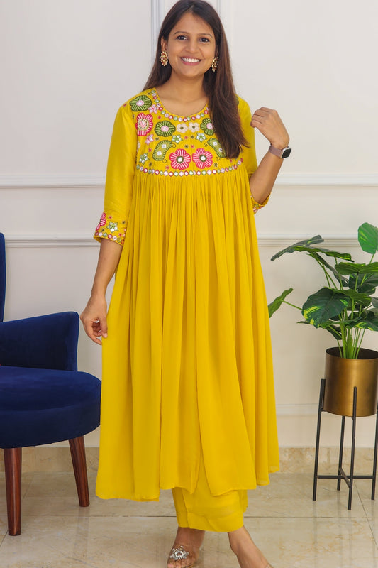 Mustard Multi Color Embroidered Flare Set
