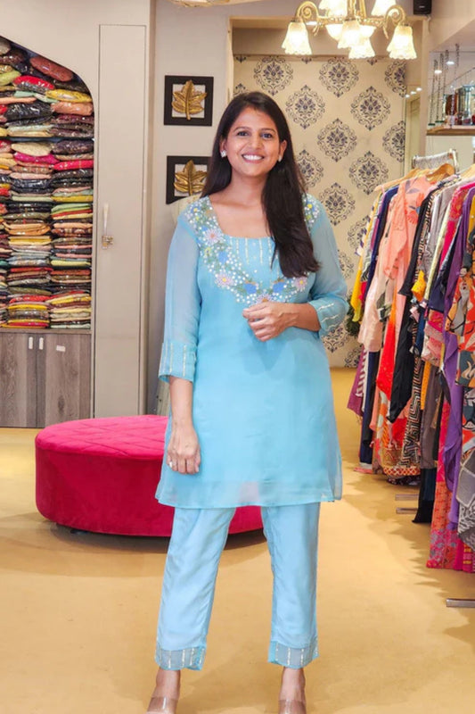 Turquoise Pure Soft Organza Mirror Embroidered Co Ord Set