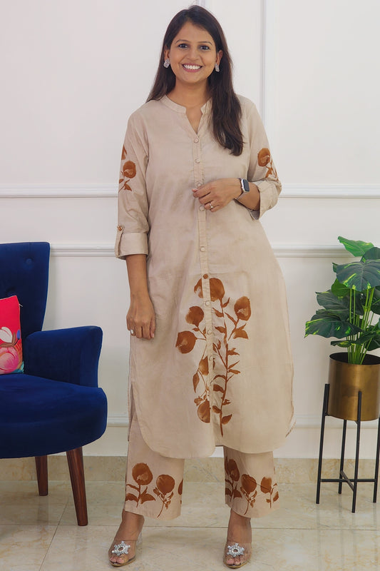 Beige Kurta Set with Flower Detail