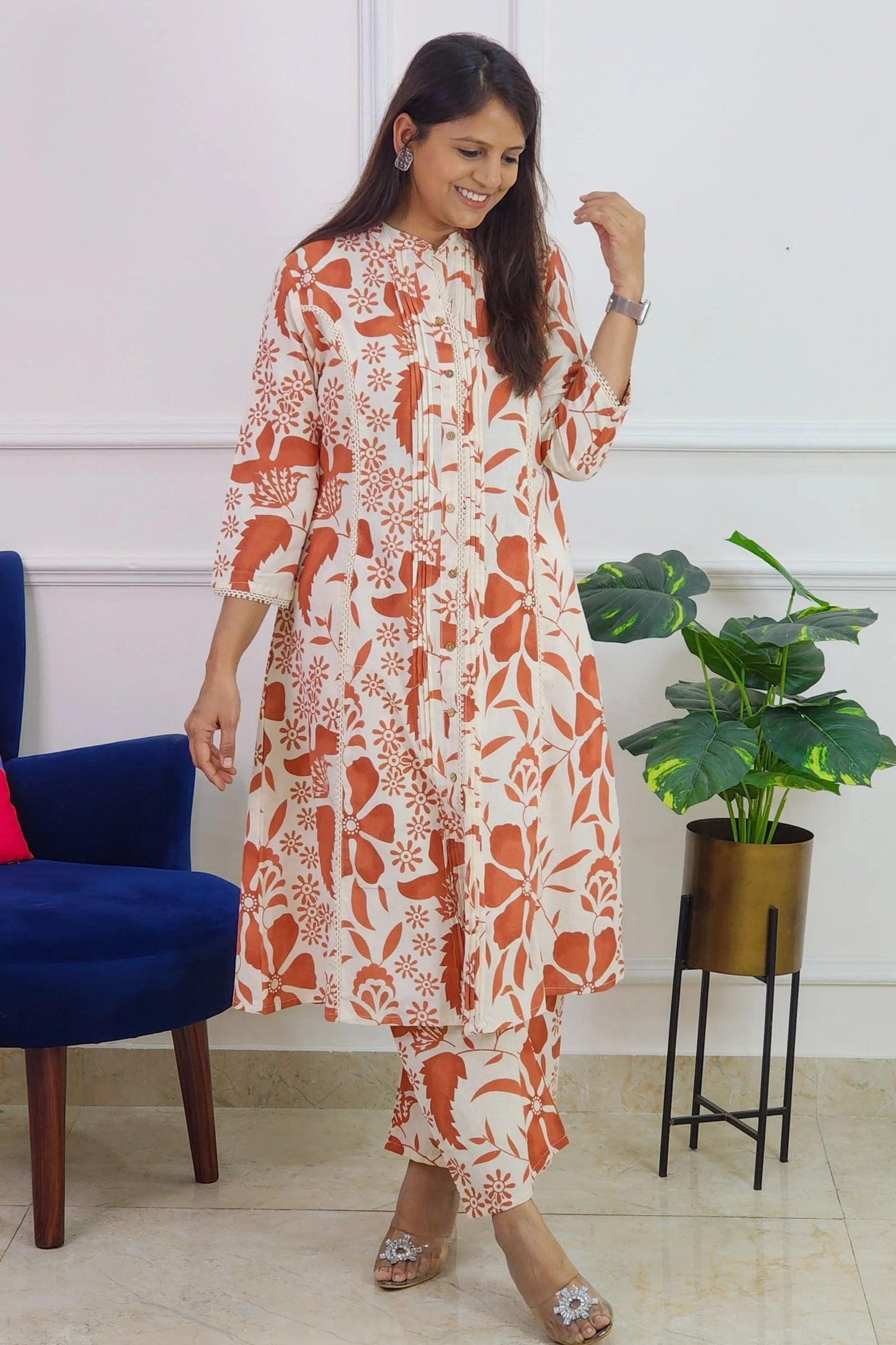 Rust Orange Floral Kurta Set