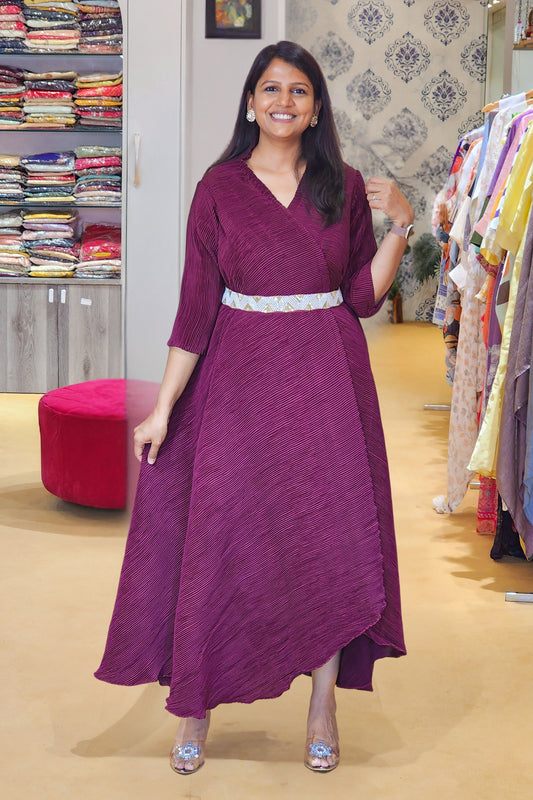 Maroon Pleated Dress with Belt