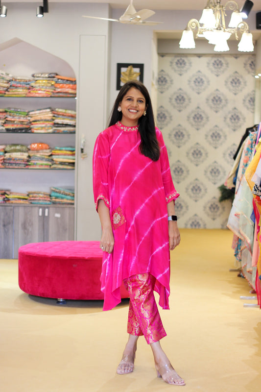 Hot Pink Tie Dye Top with Banarasi Pants