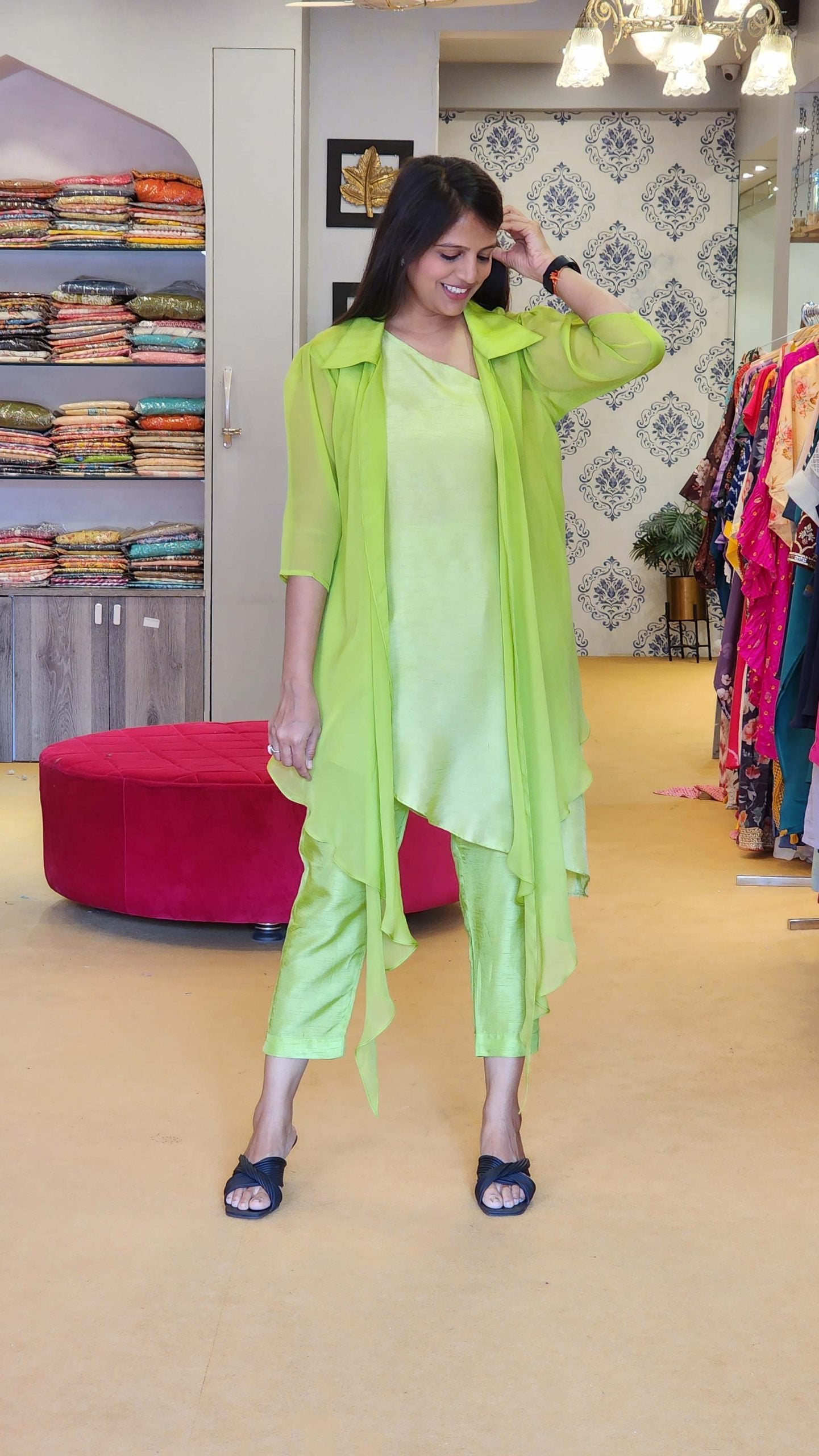 Neon Green Organza Jacket with One Shoulder Top and Pants Set