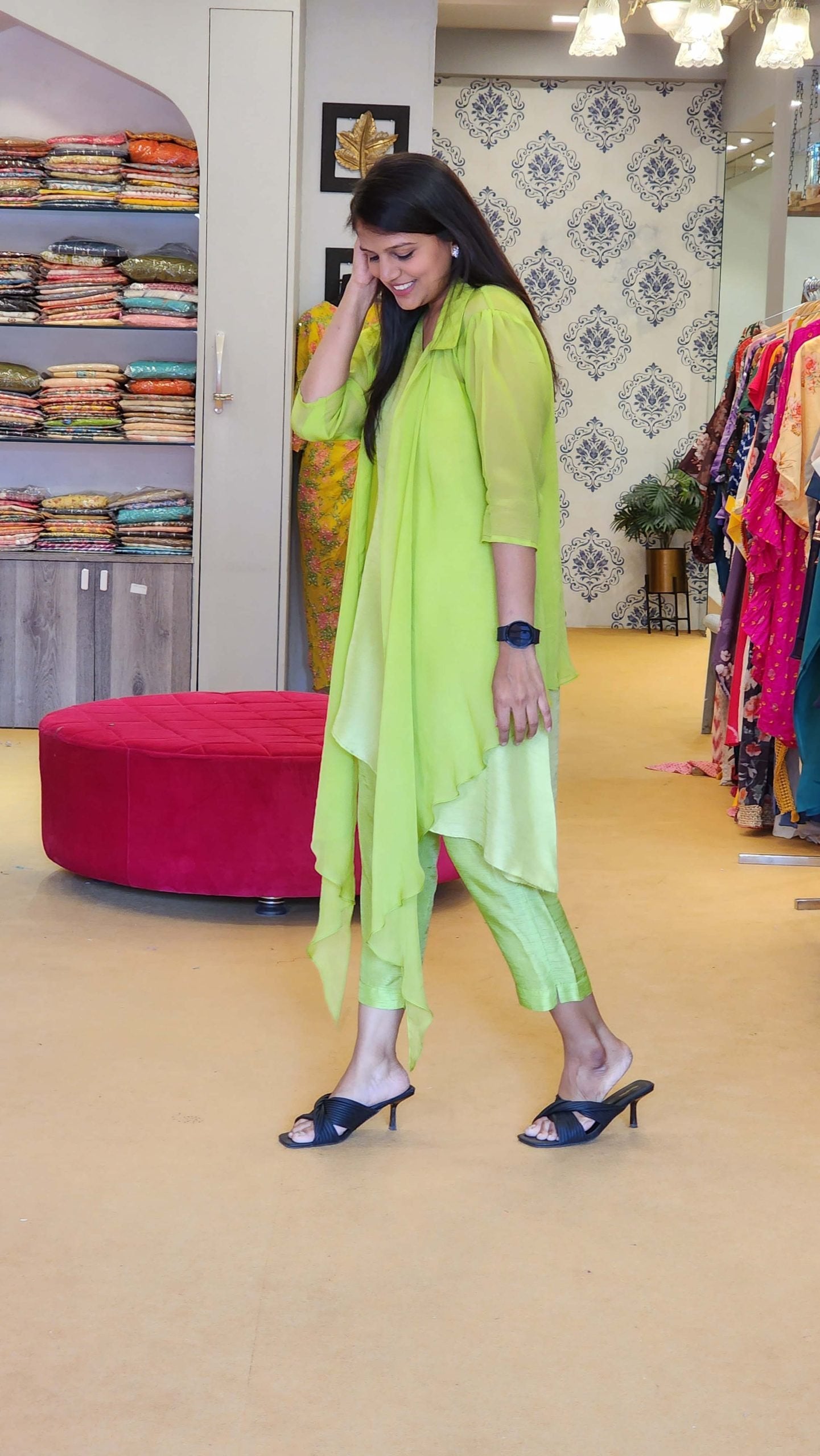 Neon Green Organza Jacket with One Shoulder Top and Pants Set