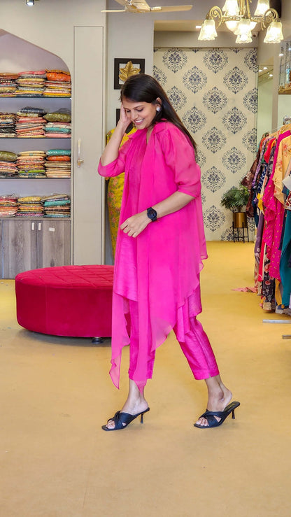 Fuchsia Organza Jacket with One Shoulder  Top and Pants