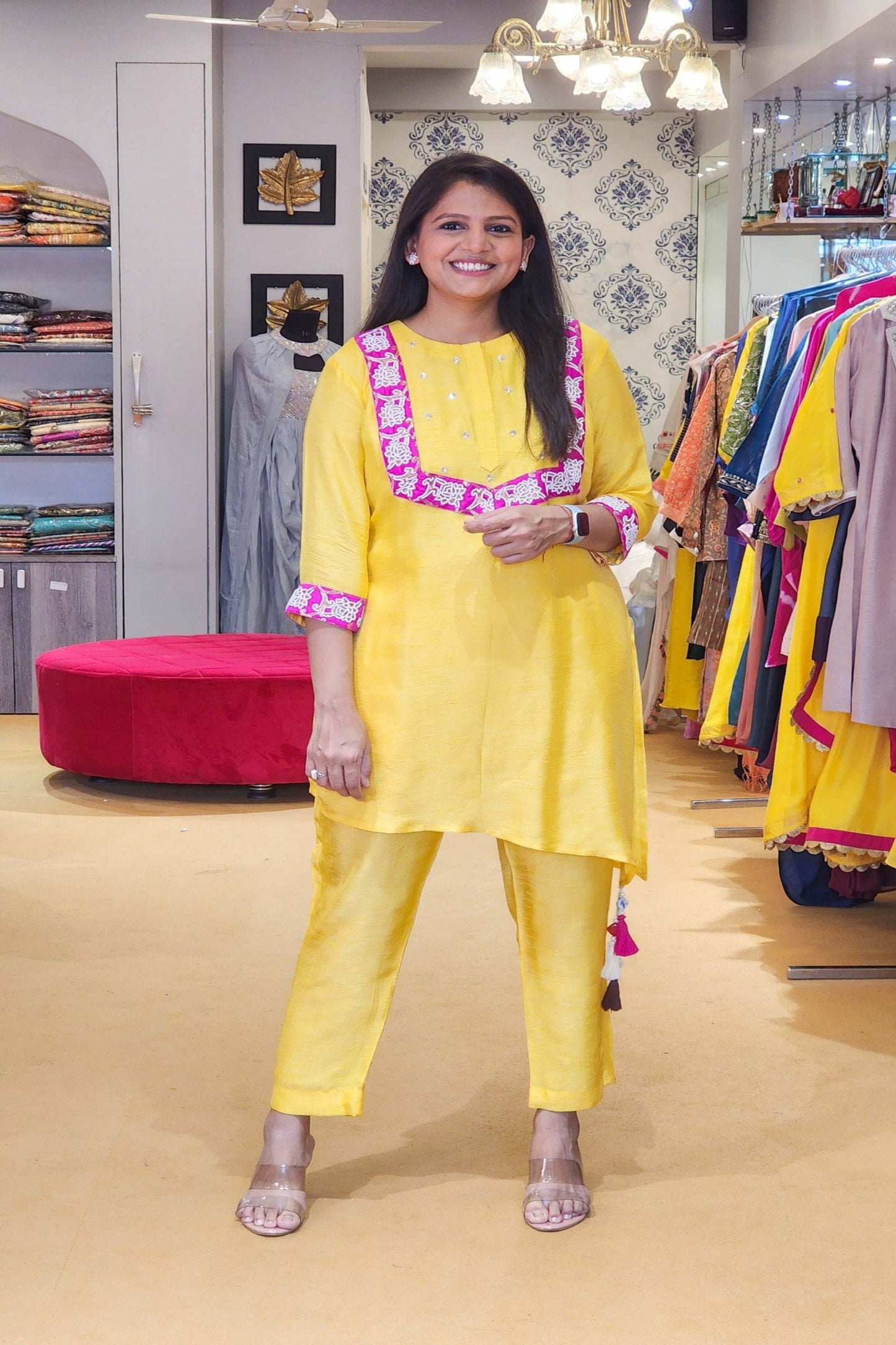 Sunshine Yellow Co Ord Set with Banarasi And Pearl Details