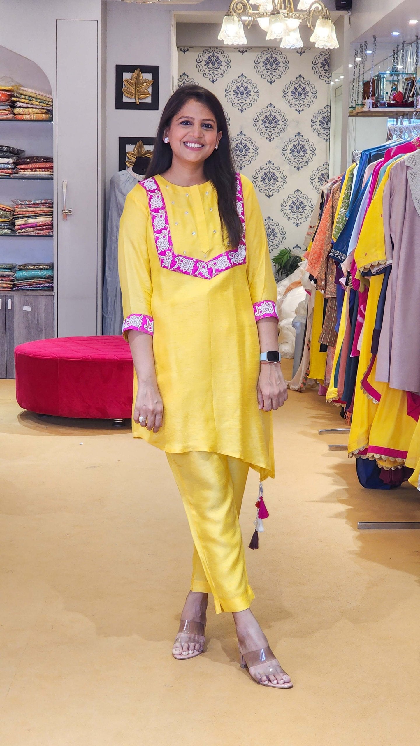 Sunshine Yellow Co Ord Set with Banarasi And Pearl Details