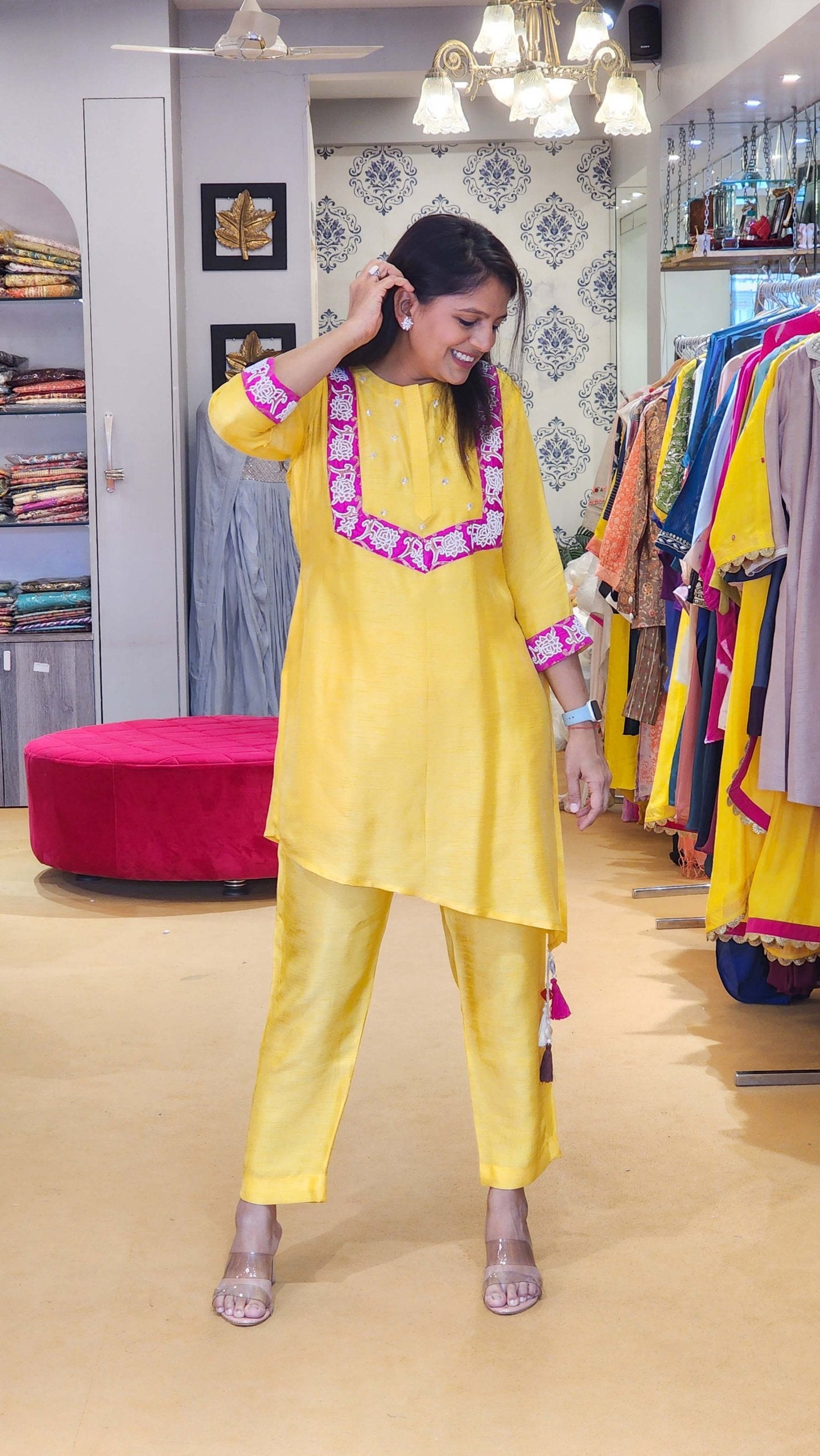 Sunshine Yellow Co Ord Set with Banarasi And Pearl Details