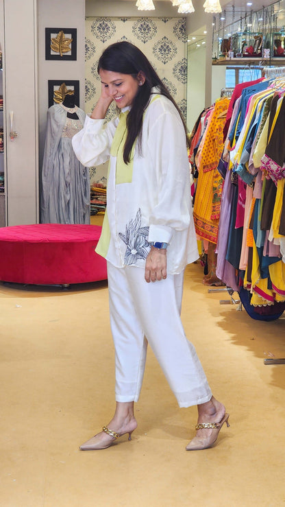 White and Neon Co Ord Set with Flower embellishment