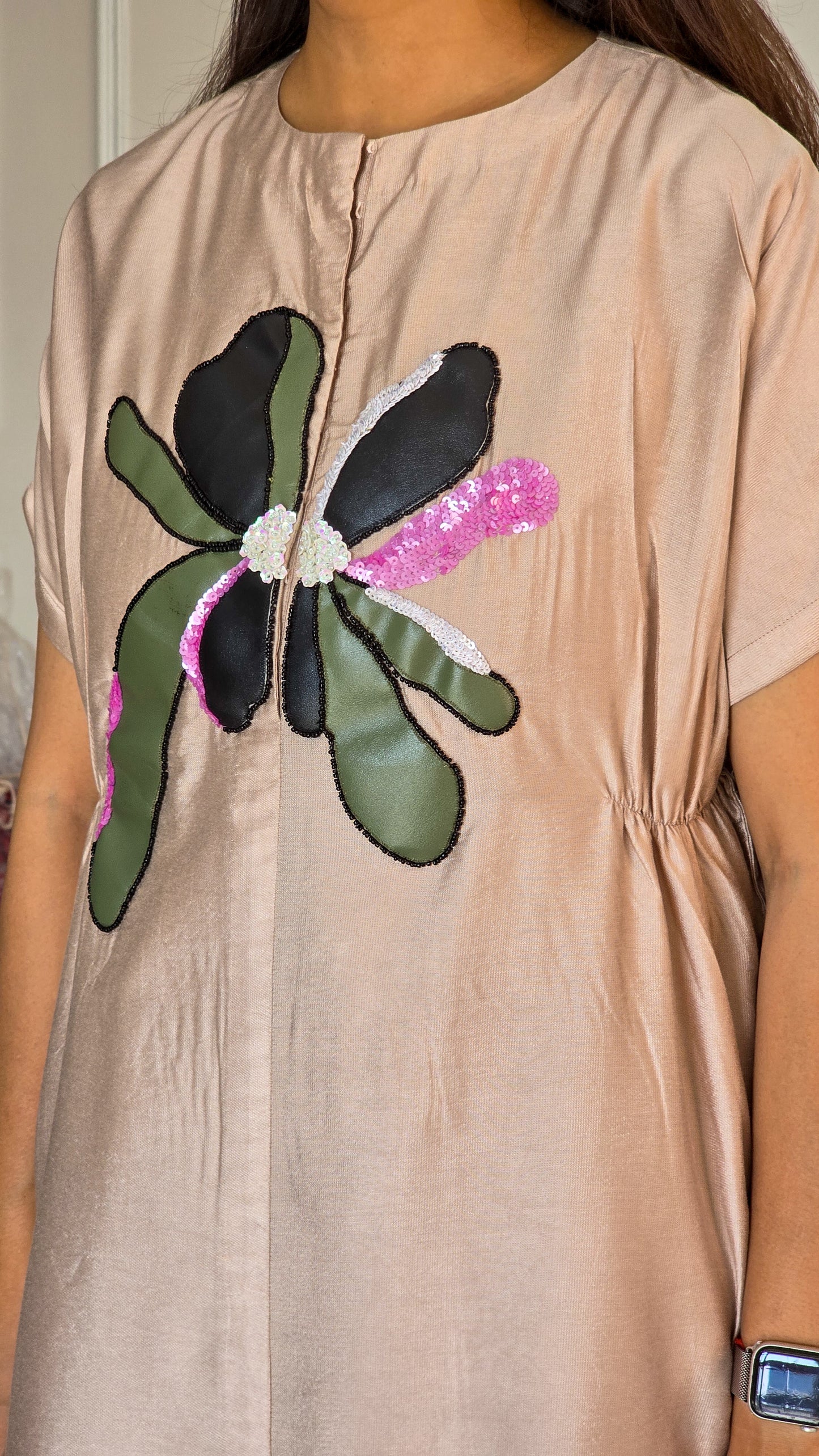 Beige Leather Applique Floral Tunic