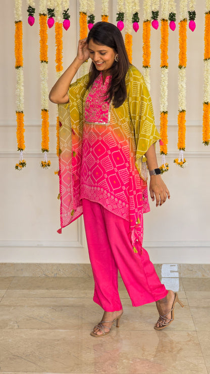 Ombre Bandhej Embellished Kaftan Set