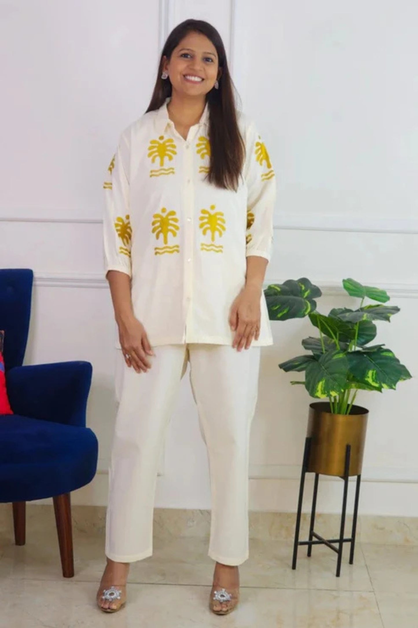 Palm Yellow Embroidery Co Ord Set