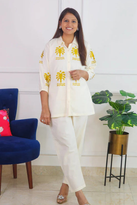 Palm Yellow Embroidery Co Ord Set