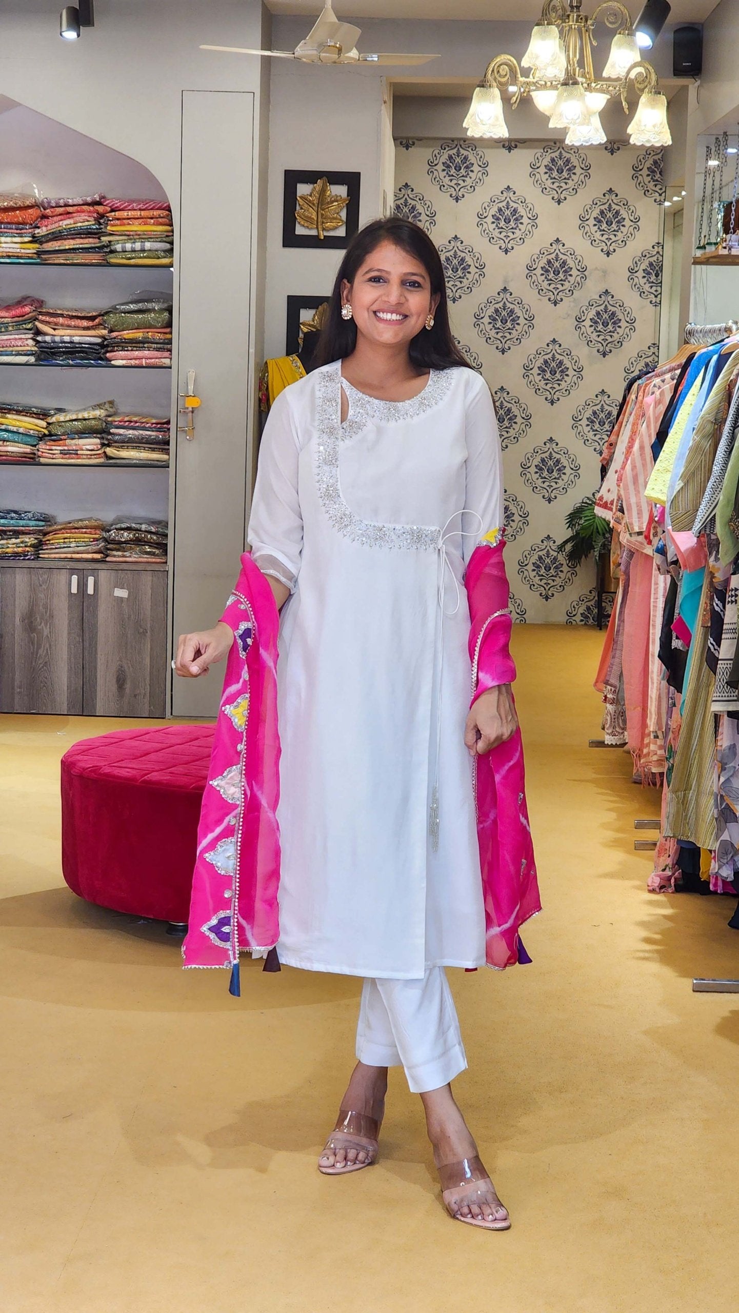 White Detailed Scattered Silver toned Hand work Silk Kurta Set with Tie Dye Duppata