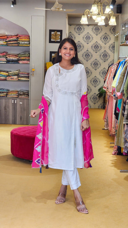 White Detailed Scattered Silver toned Hand work Silk Kurta Set with Tie Dye Duppata