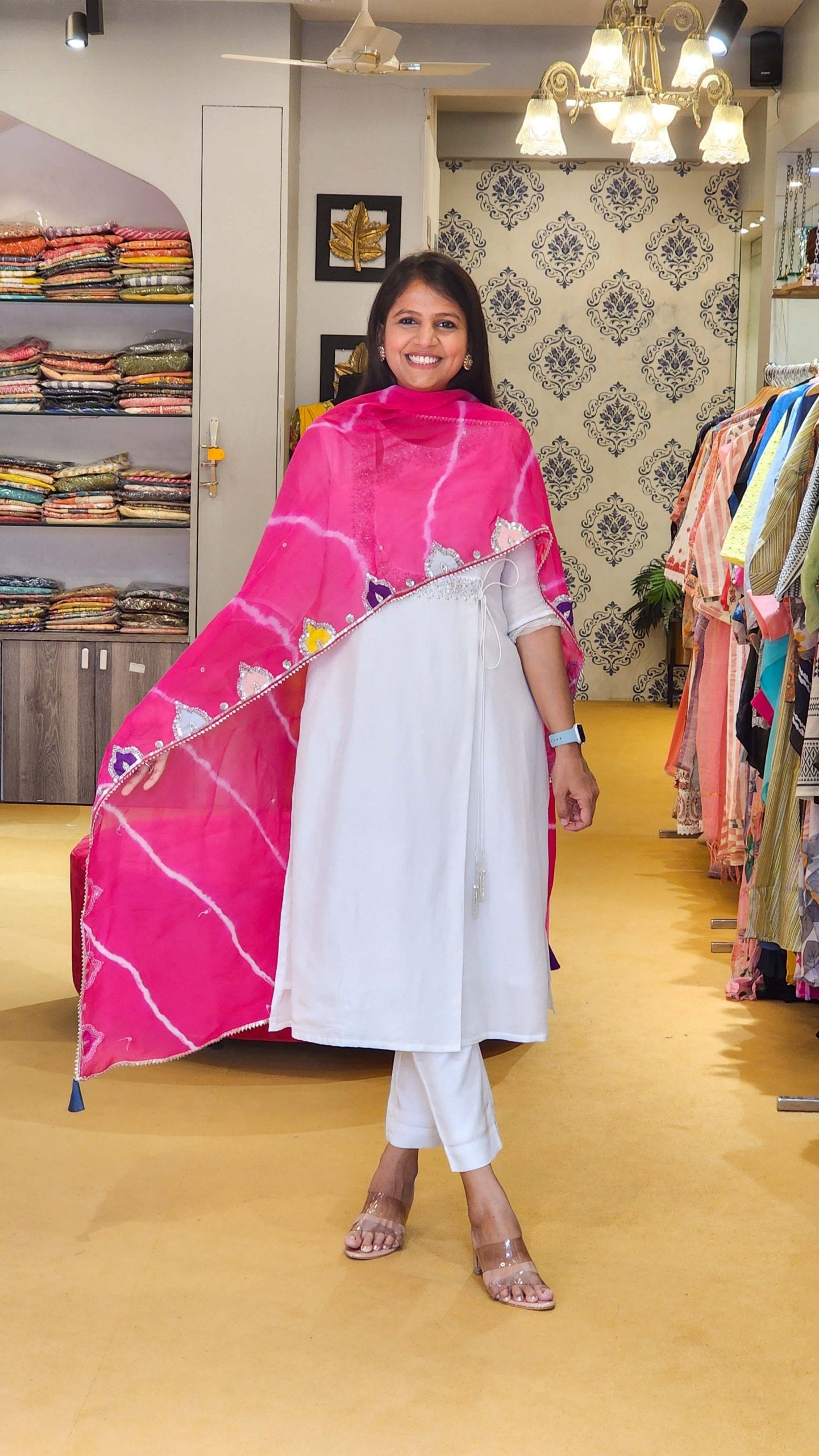 White Detailed Scattered Silver toned Hand work Silk Kurta Set with Tie Dye Duppata