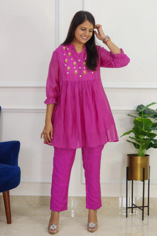 Magenta Mul Chanderi Embroidered Co Ord Set