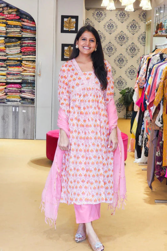 Pink And White Alia Cut Cotton Suit Set with Doriya Duppata