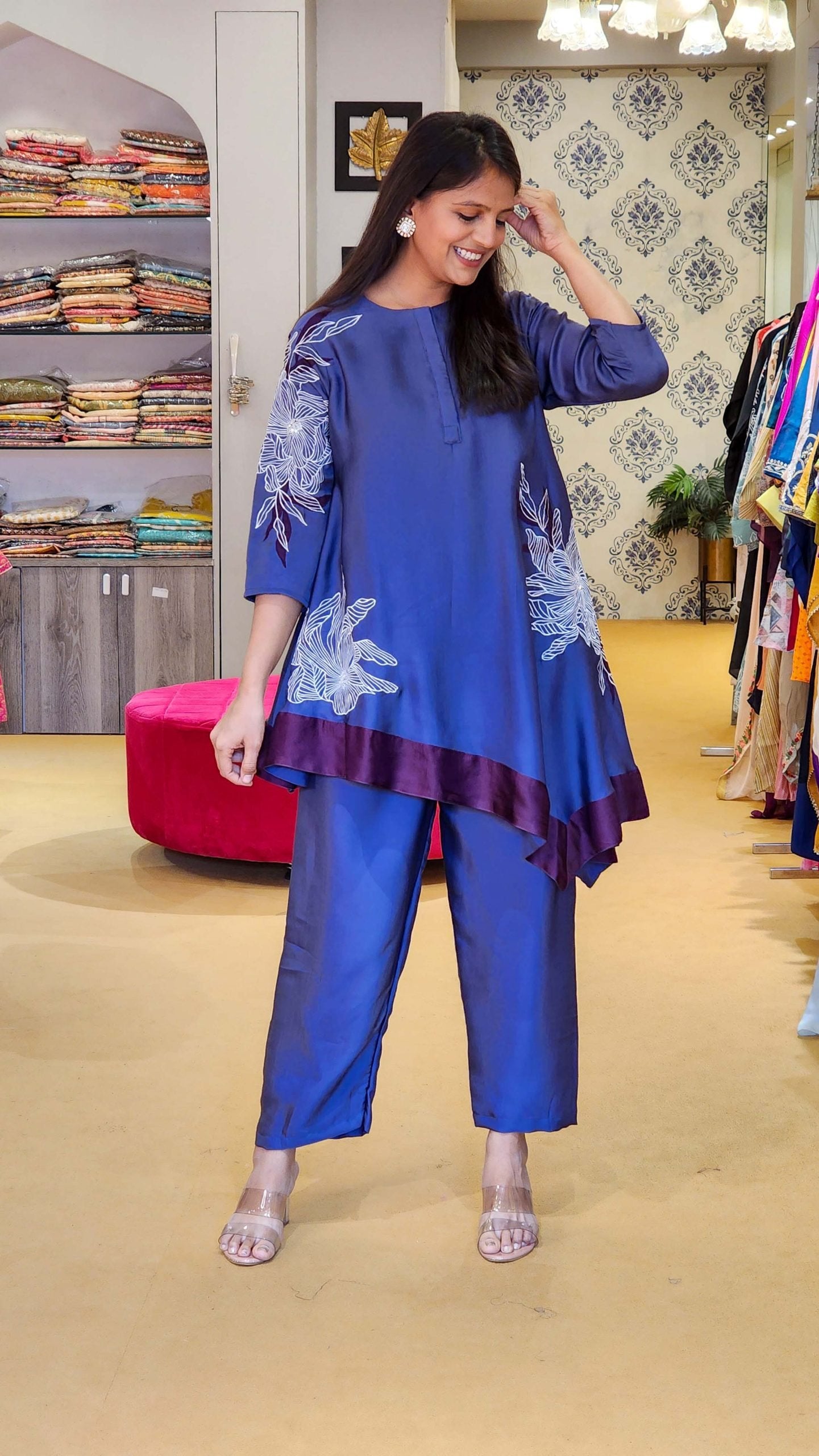 Blue Embroidered Top and Straight Pants Set