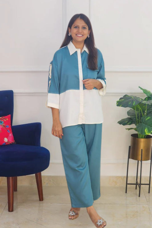 Turquoise Cotton Satin Solid Co Ord Set