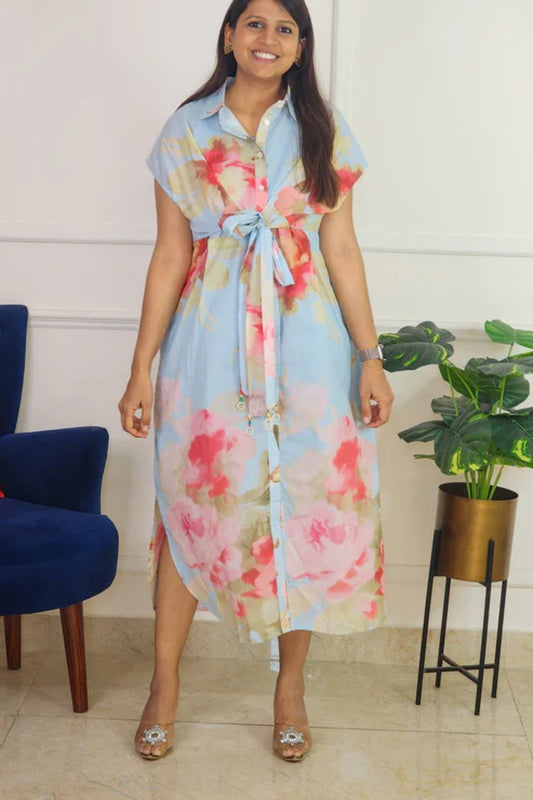 Sky Blue Floral Dress with Centre Tie-up Detailing