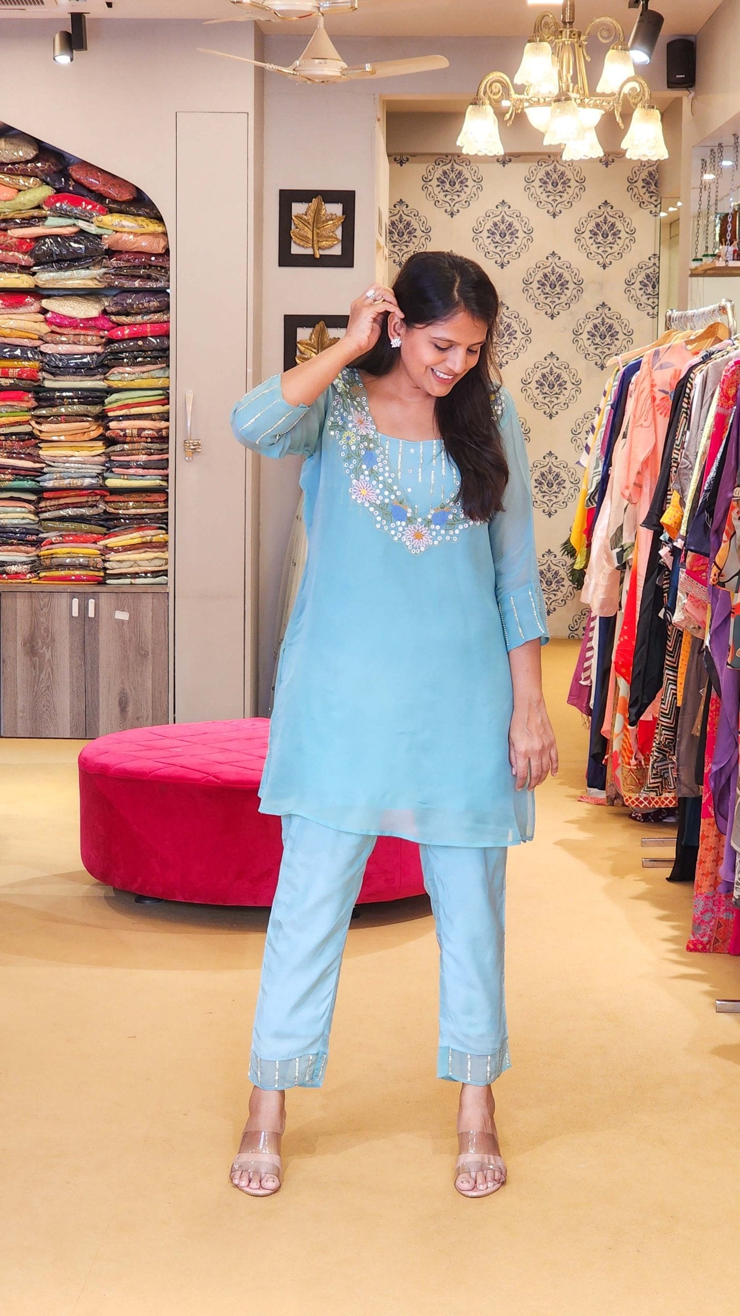 Turquoise Pure Soft Organza Mirror Embroidered Co Ord Set