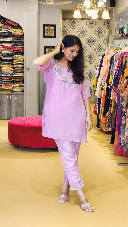 Lavender Pure Soft Organza Mirror Embroidered Co Ord Set