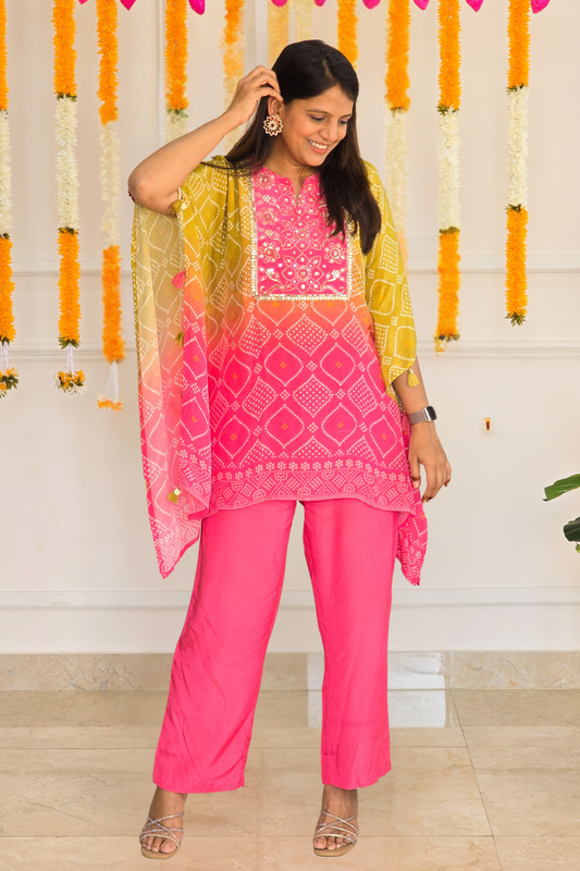 Ombre Bandhej Embellished Kaftan Set