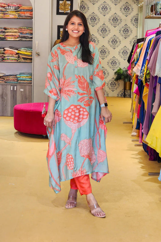Muslin Floral Blue Kaftan Set