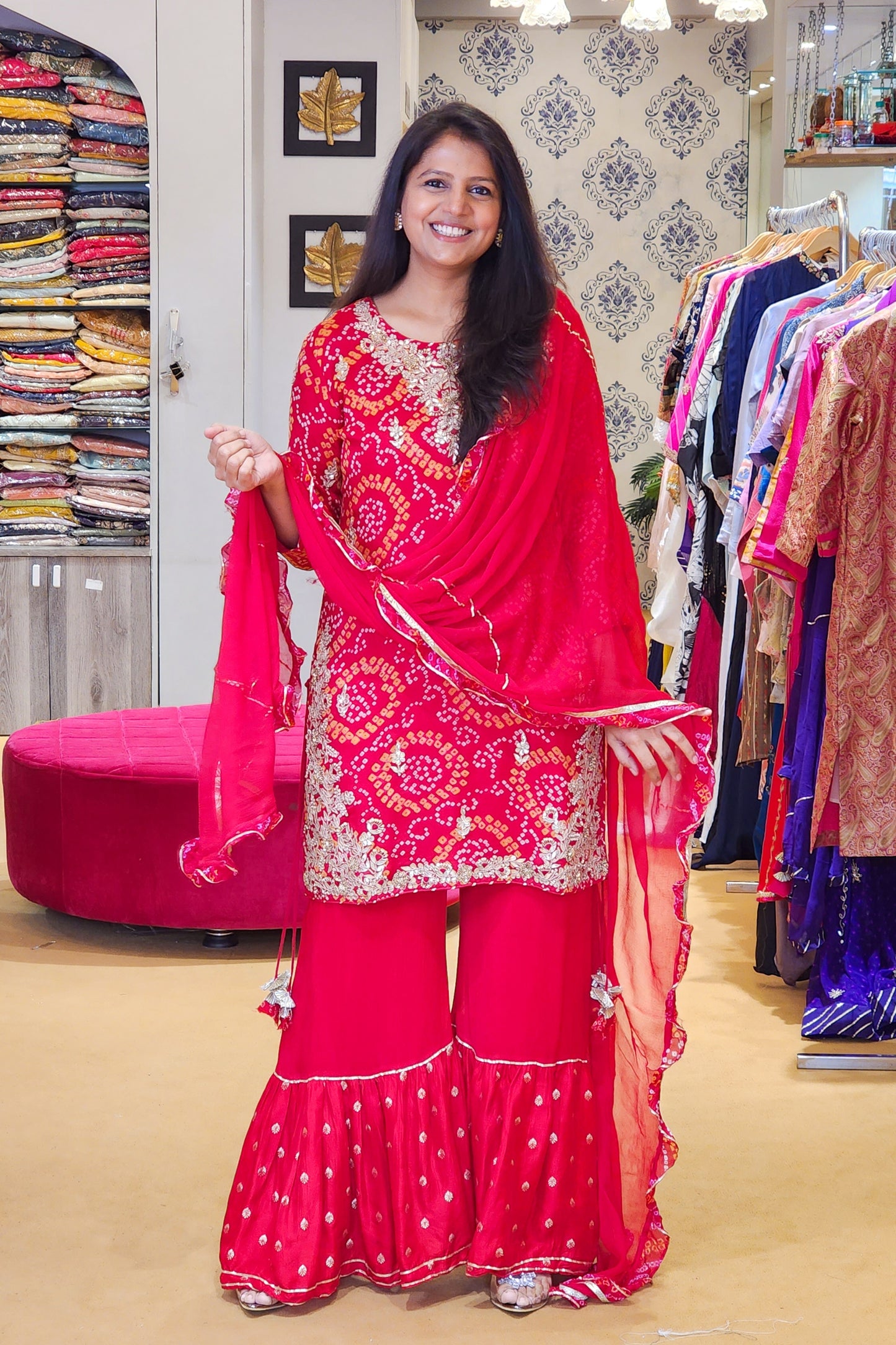 Tyohaar ~ Red Bandhej Suit Set