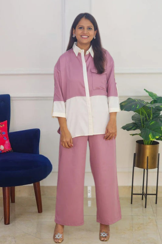 Mauve Cotton Satin Solid Co Ord Set