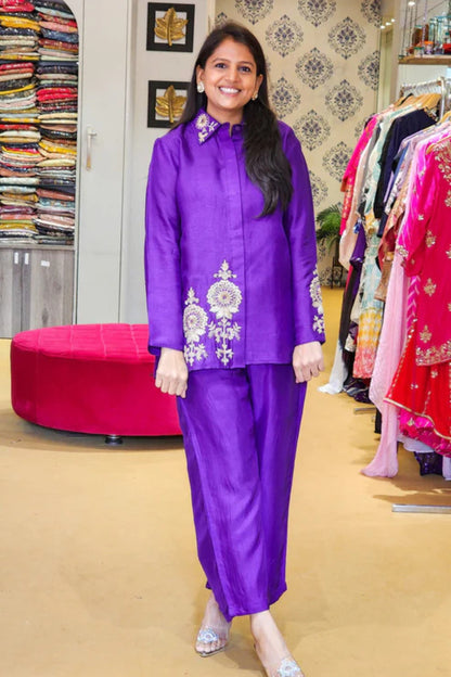 Purple Zardosi Hand Work Detailed Silk Co ord Set