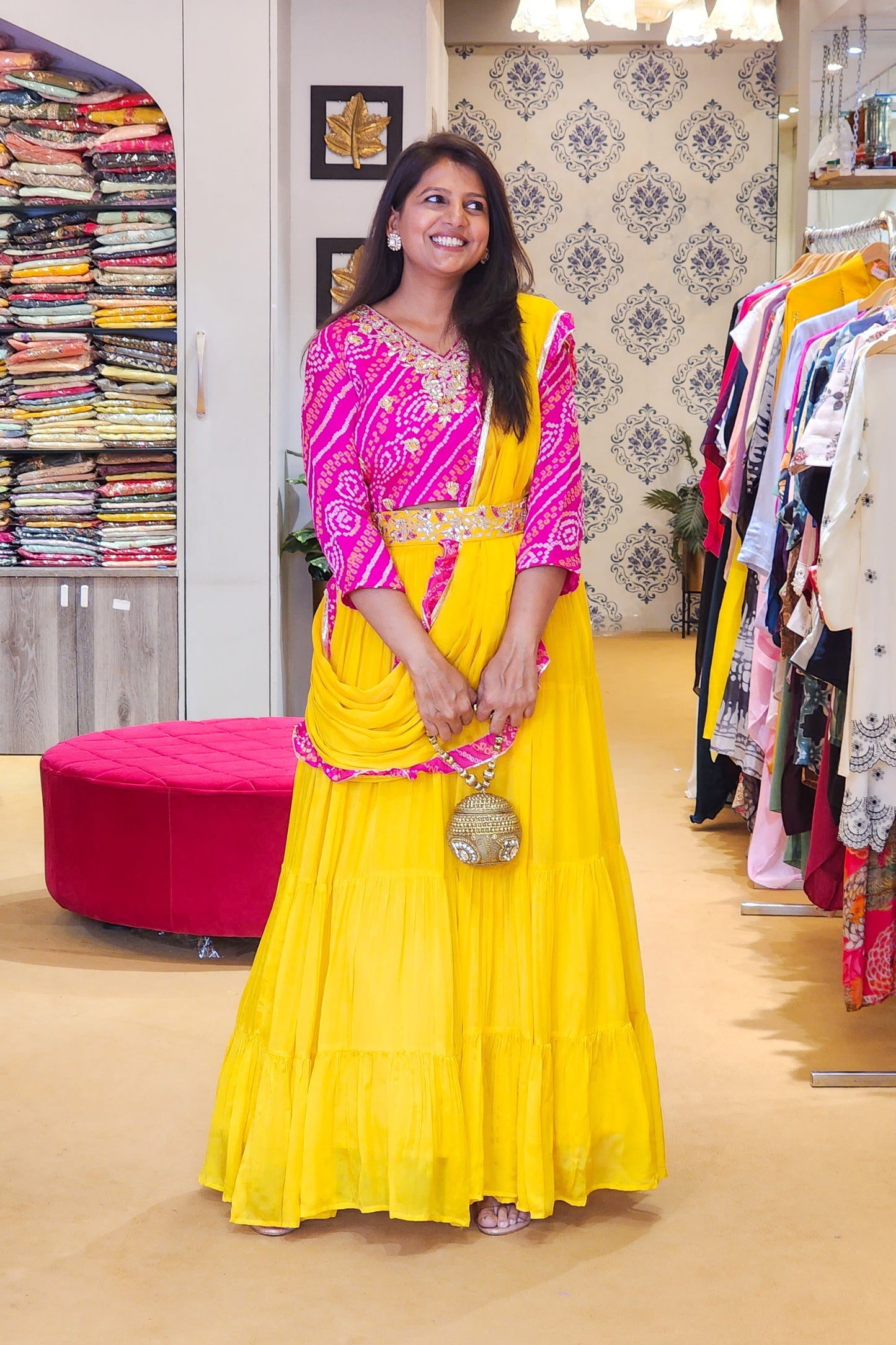 Yellow Lehenga with Attached Duppata &amp; Pink Bandhej blouse