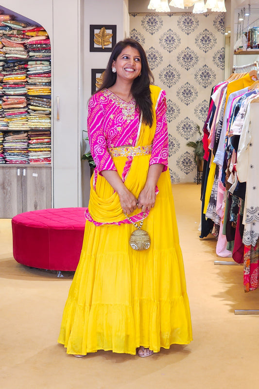 Yellow Lehenga with Attached Duppata &amp; Pink Bandhej blouse