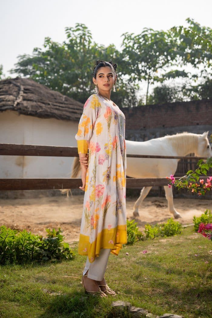 Blooming Floral YellowMul Kurta Set